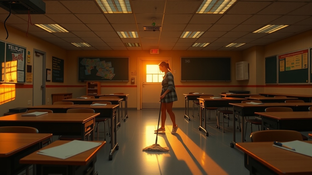 The image captures a serene moment in an empty classroom, with soft golden sunlight streaming in through the windows, casting long shadows on the floor. A lone figure, possibly a janitor or cleaner, is seen mopping the floor, bathed in the warm glow of the setting sun. The room is orderly, with chairs neatly tucked under desks, evoking a sense of calm and solitude.