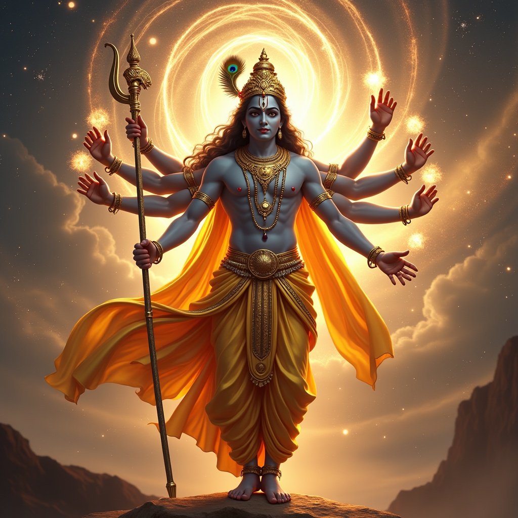 Ultra HD hyper-realistic image depicting Lord Krishna in his Vishwaroop form. He has multiple arms holding celestial weapons. Background features swirling galaxies and stars. He is dressed in opulent golden attire and has a peacock feather crown. The scene conveys cosmic grandeur and divine power, with a heavenly celestial realm.