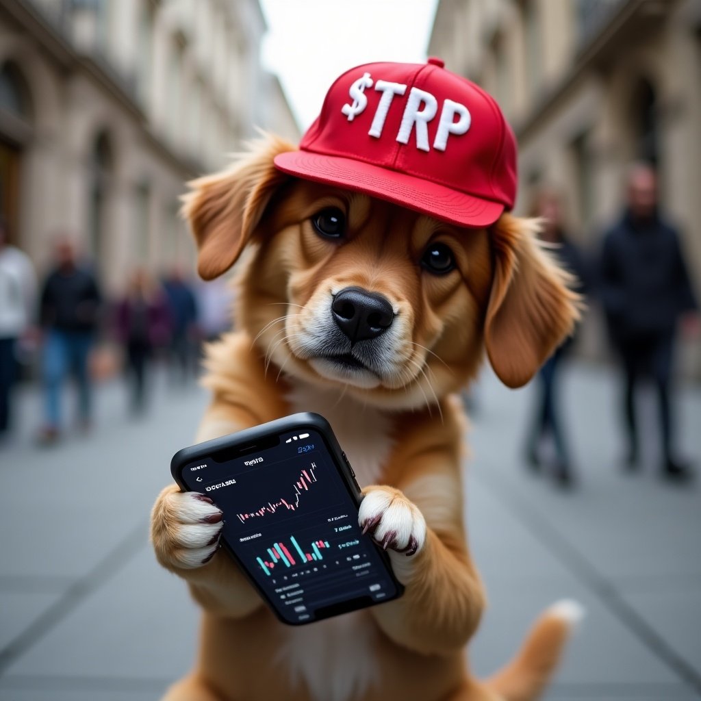 A dog wearing a red baseball cap with $TRP written on it holds a smartphone showing cryptocurrency charts. The scene has a blurred urban background.