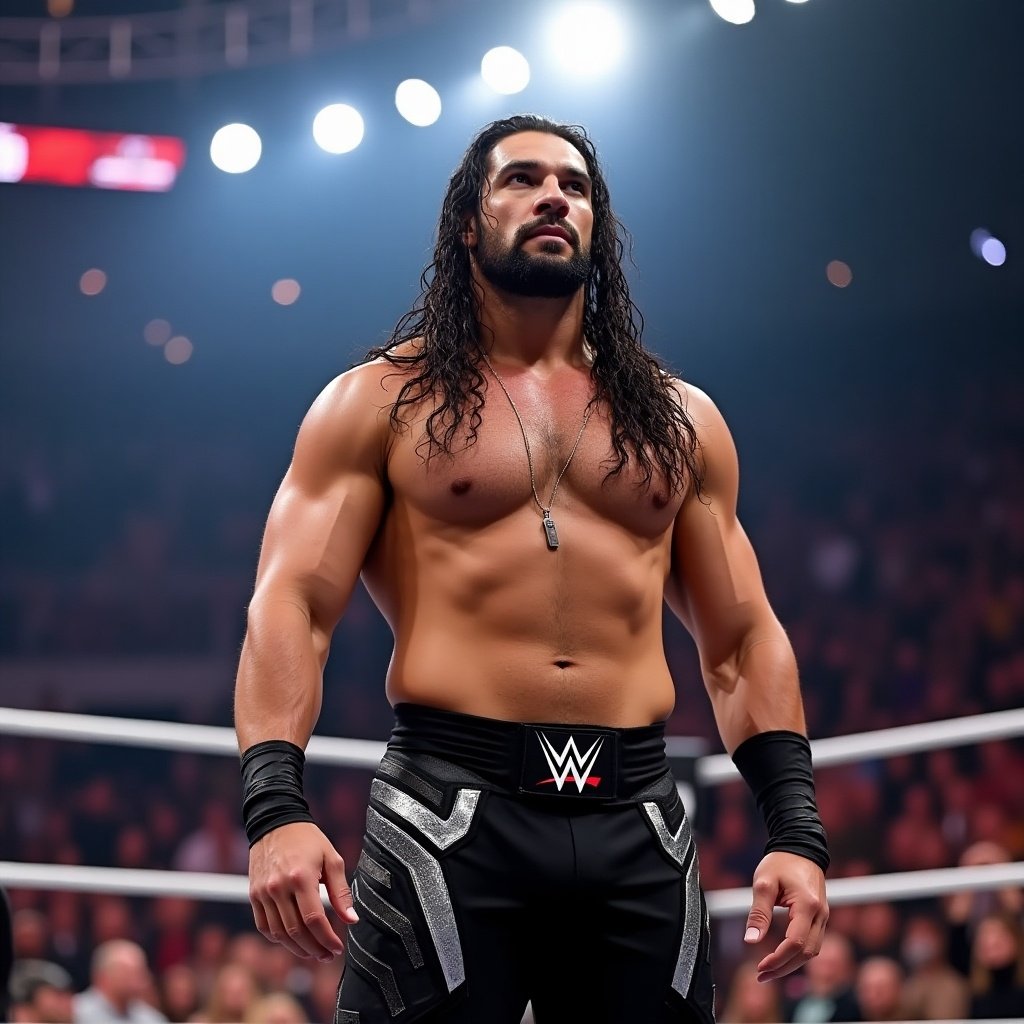 Muscular wrestler in a wrestling ring. Wearing black attire with silver details. Strong pose shows athleticism. Bright lights overhead focusing on the figure.