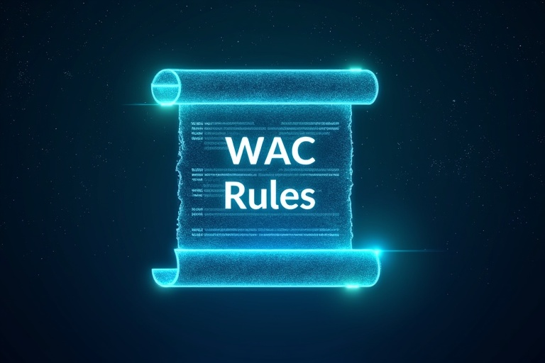 A dark blue starry backdrop with a futuristic digital scroll in the center. Scroll is semi-transparent and unrolling. Title displays WAC Rules. Twelve glowing white lines are etched onto the scroll. Subtle green and blue light effects surround the scroll. Symbolizes technology and innovation.