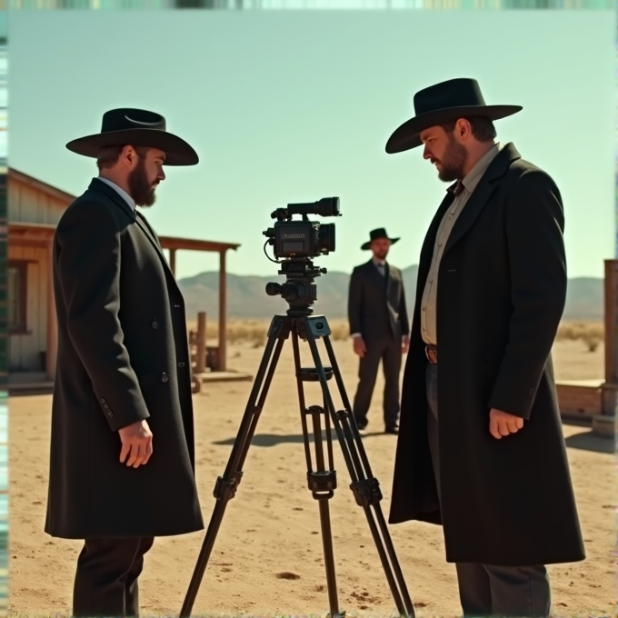 Two men in cowboy hats face off with a vintage film camera between them in a desert-like set.