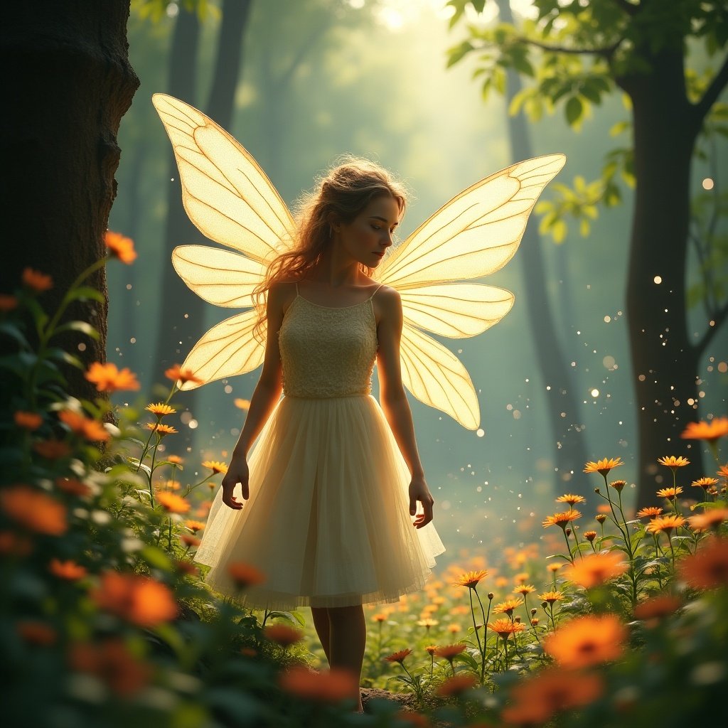 Girl in a whimsical dress with large fairy wings in a sunlit forest. Surrounded by blooming flowers and magical atmosphere. Soft light filters through trees.