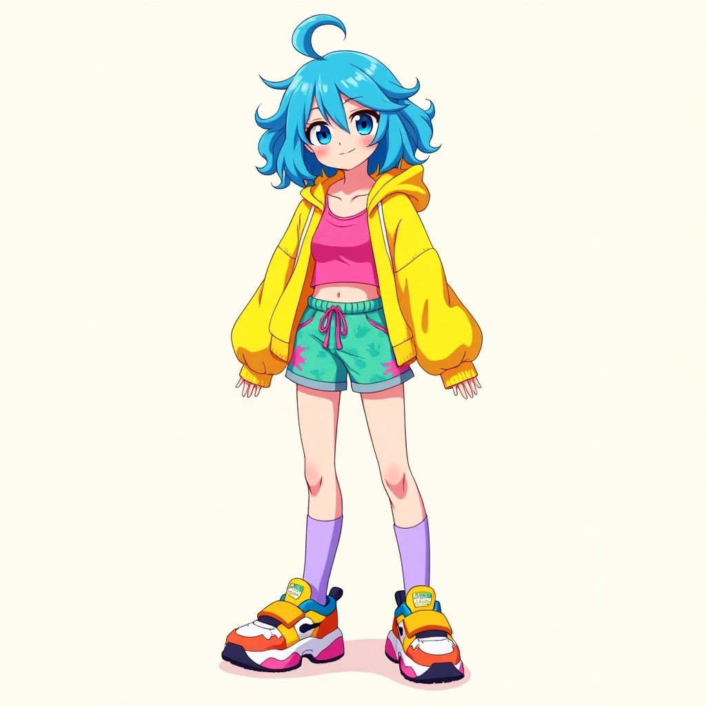 This illustration features a vibrant anime character with vivid blue hair styled in carefree curls. She wears a sunny yellow cropped hoodie layered over a neon pink tank top, paired with teal-green shorts splashed with magenta and orange designs. Completing her bright look are lavender knee-high socks and chunky, multicolored sneakers. The character stands in a playful pose, suggesting friendliness and approachability. The background boasts a soft, pastel color palette, enhancing the cheerful ambiance of the image. Overall, the art captures the essence of kawaii culture, showcasing an eclectic and youthful fashion style.