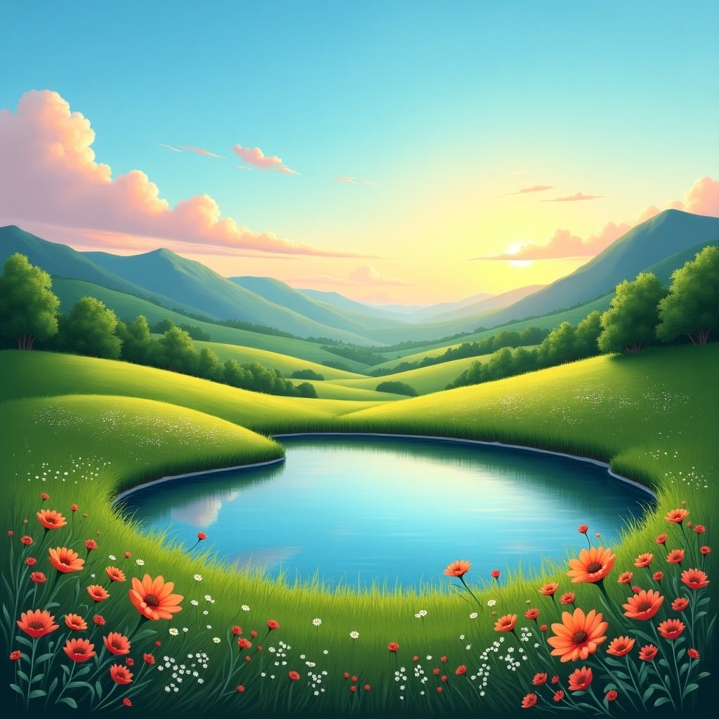 A tranquil landscape featuring a calm pond surrounded by lush green hills and colorful flowers. A sunset paints the sky.