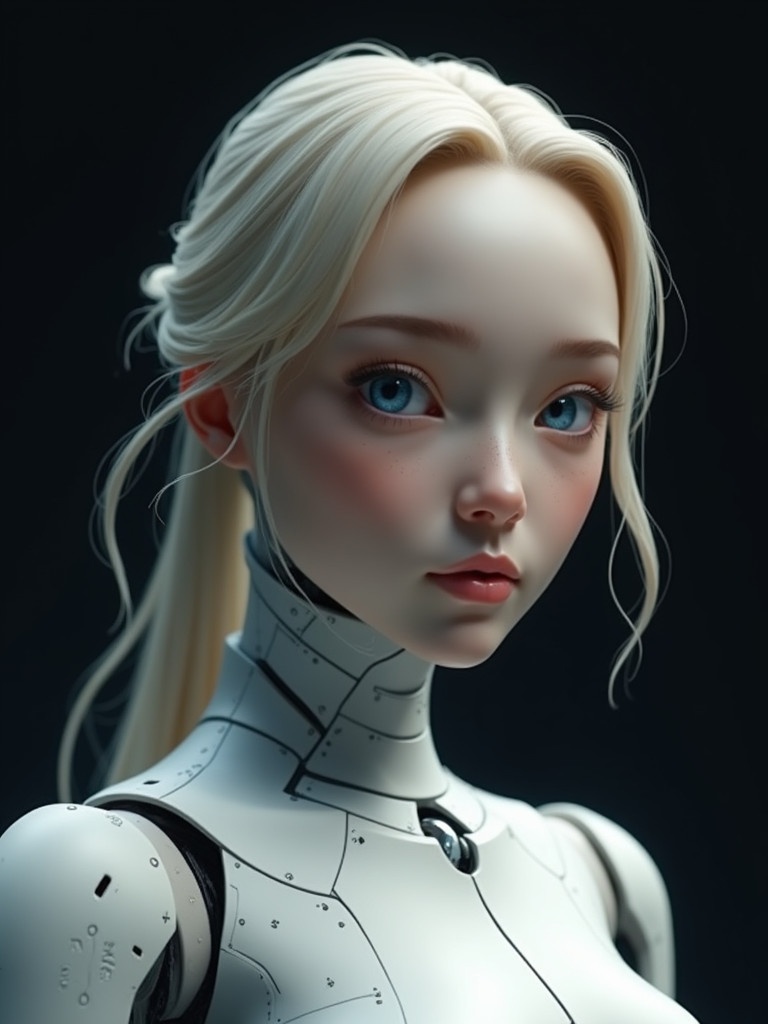 Female humanoid robot with synthetic skin and blue eyes. Styled hair in a ponytail. Set against a dark background. Blending robotics and human traits. Illustrates future coexistence of technology and humans.