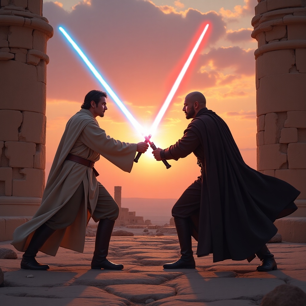 A Jedi battling a Sith at sunset in ancient ruins