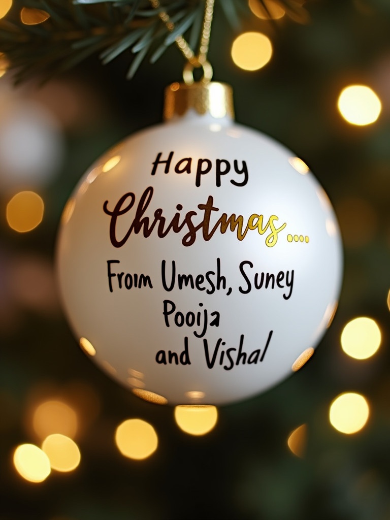 Close-up view of white Christmas bauble. Text highlights holiday cheer. Background full of twinkling lights creating a festive environment.