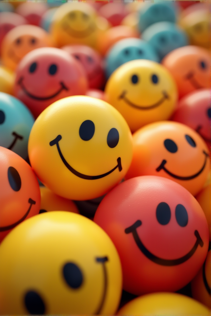 A colorful assortment of smiley face balls with various joyful expressions.