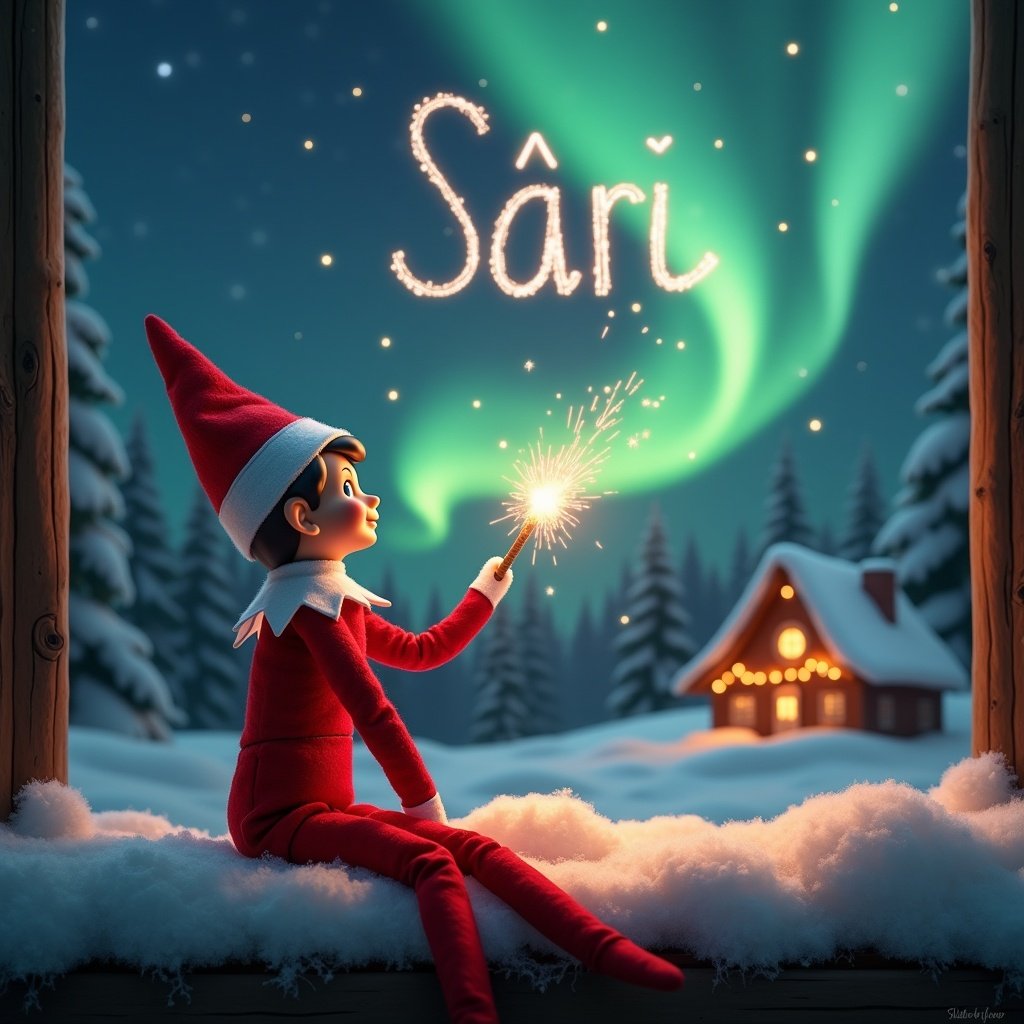 An elf on the shelf sits with its back to the viewer, gazing skyward. It holds a glowing wand that emits sparkling light. The background showcases a charming Christmas scene with colorful northern lights swirling above. In the distance, a cozy house can be seen, decorated for the holidays. Snow covers the ground, adding to the winter atmosphere. The elf is in a playful position, embodying the spirit of magic and wonder associated with Christmas. The name 'Sári' is written in the air using the wand, creating a sense of holiday cheer.