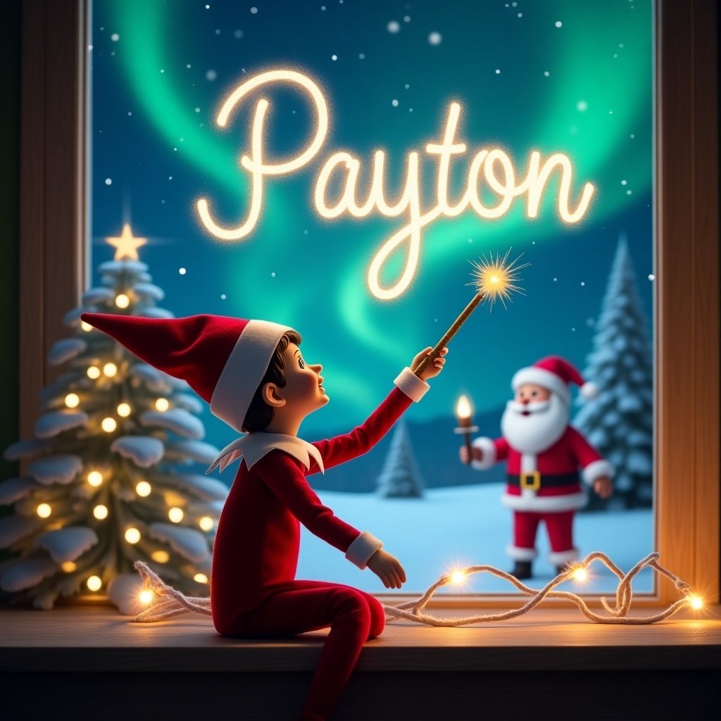 This image features an adorable elf on the shelf, seated with its back to the viewer, looking up at the enchanting night sky. The elf is using a magical wand to elegantly write the names 'Payton' in the air, sparkling with magic. In the background, there is a whimsical Christmas scene adorned with northern lights and a cheerful Santa. The mood is festive and magical, perfect for the holiday season. The overall composition invites viewers into a world of Christmas wonder and joy.