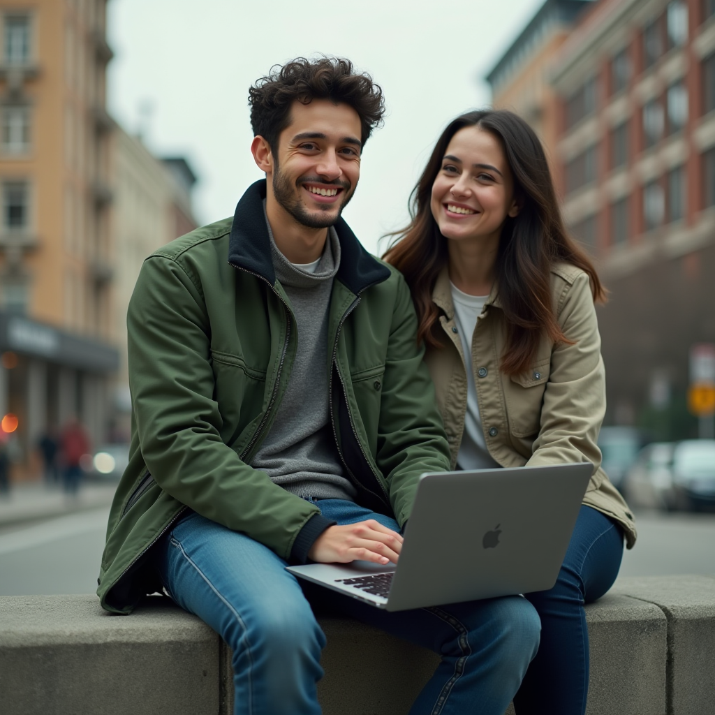 A happy couple enjoying time together with a laptop in an urban setting.