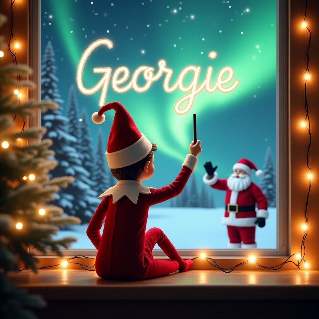 This charming Christmas scene features an elf on the shelf who is seated with his back facing the viewer. He is holding a magic wand and writing 'Georgie' in the sky. Outside, there is a beautiful winter landscape with shimmering northern lights. In the background, Santa Claus can be seen waving. The scene is adorned with warm lighting from string lights, creating a cozy and festive atmosphere. The elf is dressed in a classic red suit with a matching hat. This enchanting image perfectly captures the magic and wonder of Christmas.