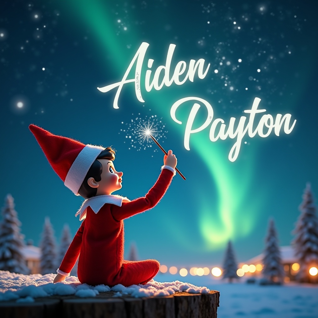 Elf character facing the sky with a wand against a magical Christmas backdrop. Northern lights illuminate the scene with a snowy setting. Name Aiden Payton elegantly written in the sky.