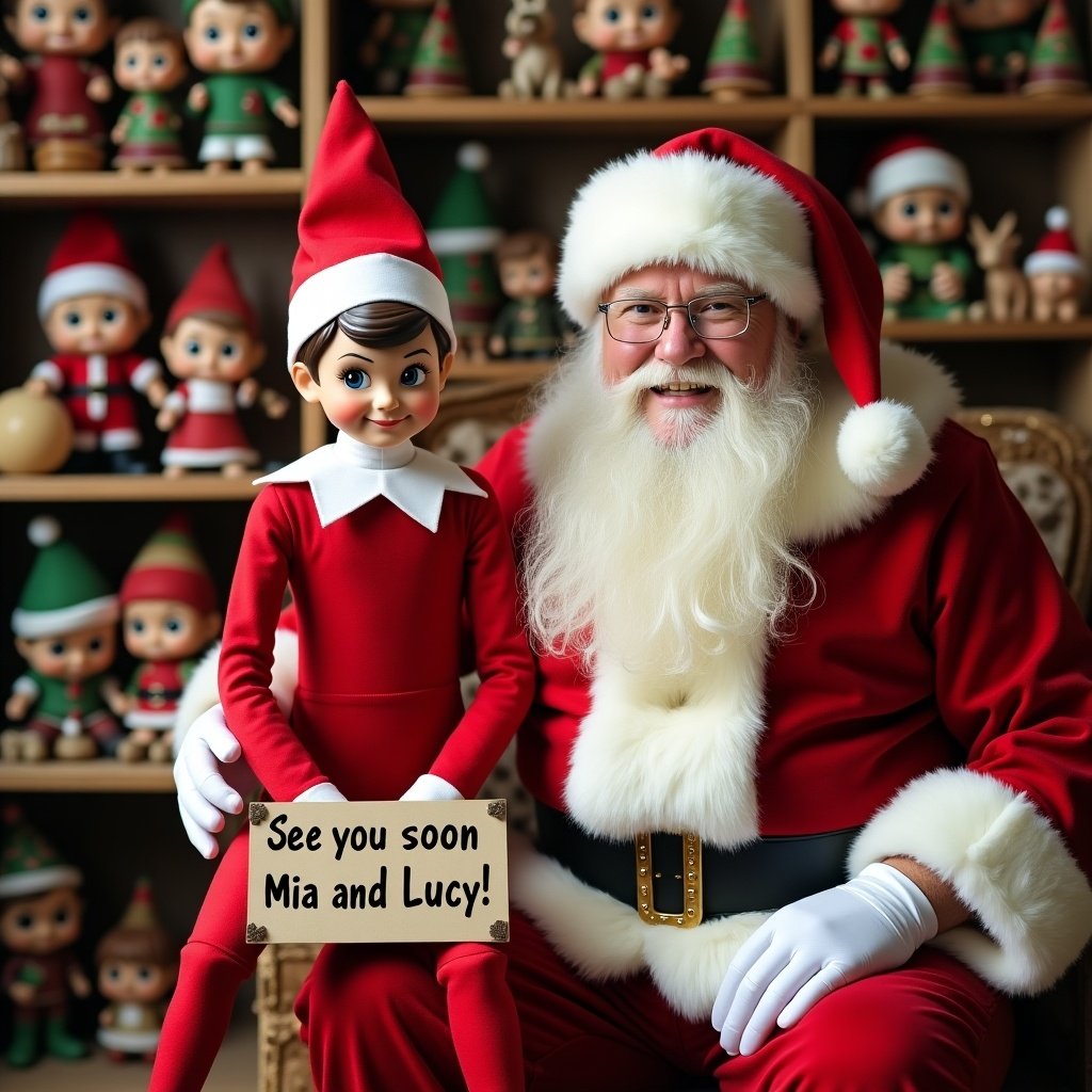 Image features elf on shelf in red outfit with white collar. Elf holds sign saying 'See you soon Mia and Lucy!' Next to Santa Claus in cozy toy workshop. Surrounded by Funko Pops and festive decorations. Warm, inviting atmosphere. Joyful interaction evokes wonder and excitement.