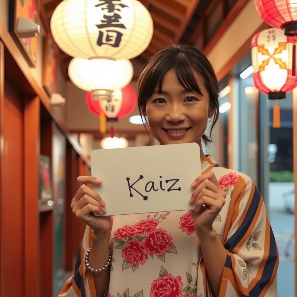 A person in a floral kimono holds a sign with 'Kaiz' written on it, surrounded by hanging lanterns.