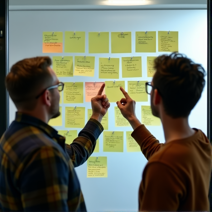 Two people are looking at a board filled with sticky notes in various colors.