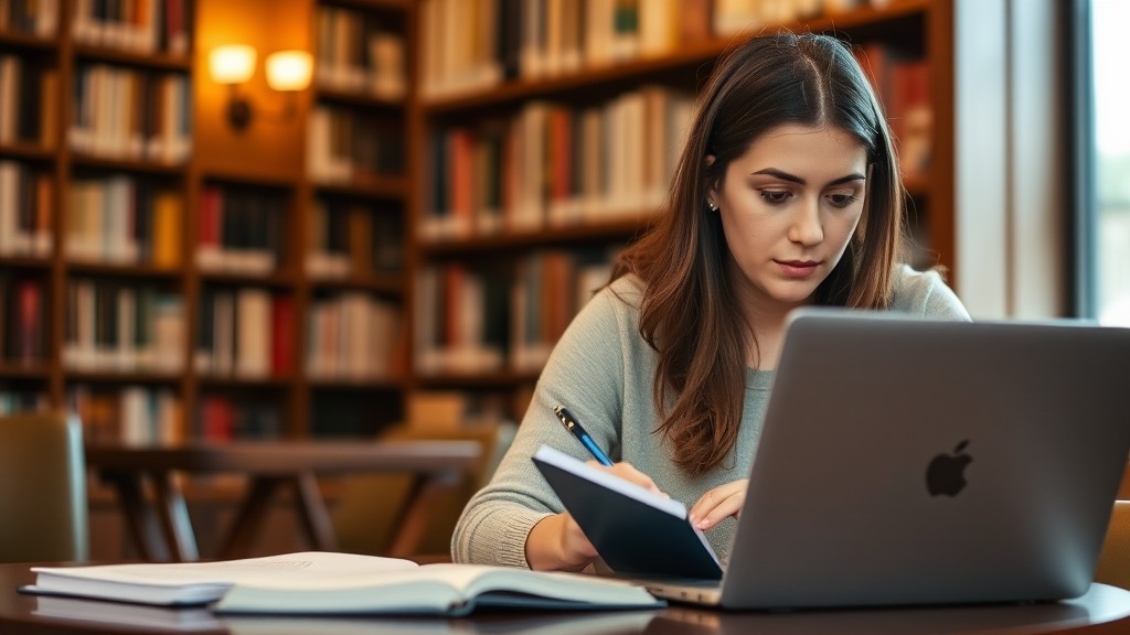 A woman is studying intently with a laptop and notebook in a library setting.