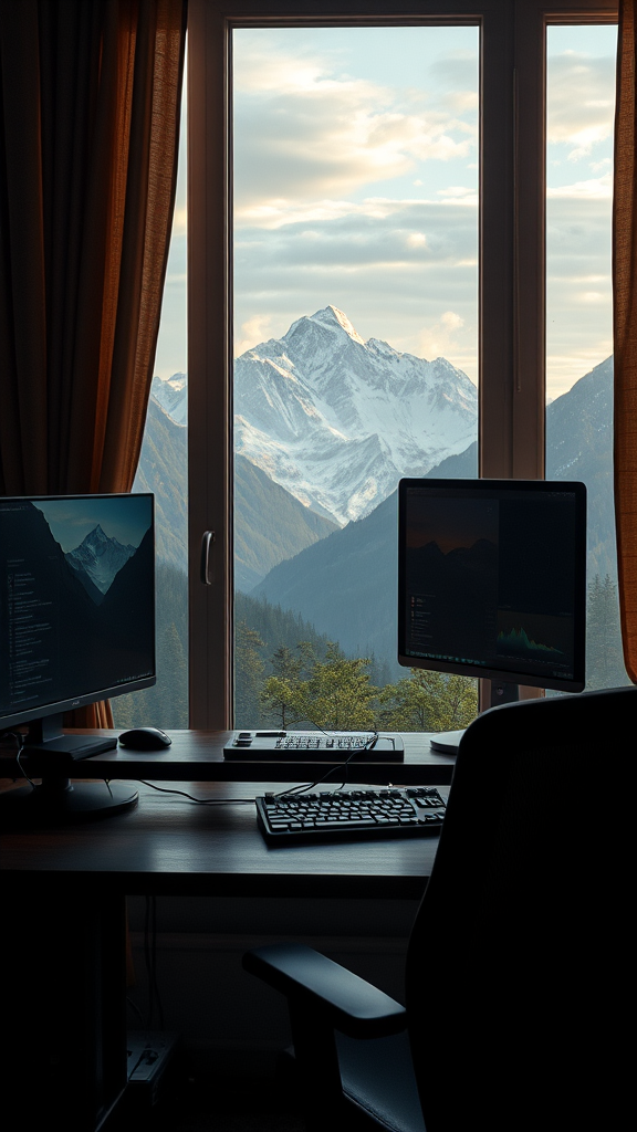 The image shows a room with a desk and two computer monitors, overlooking a stunning view of snow-capped mountains through a window.