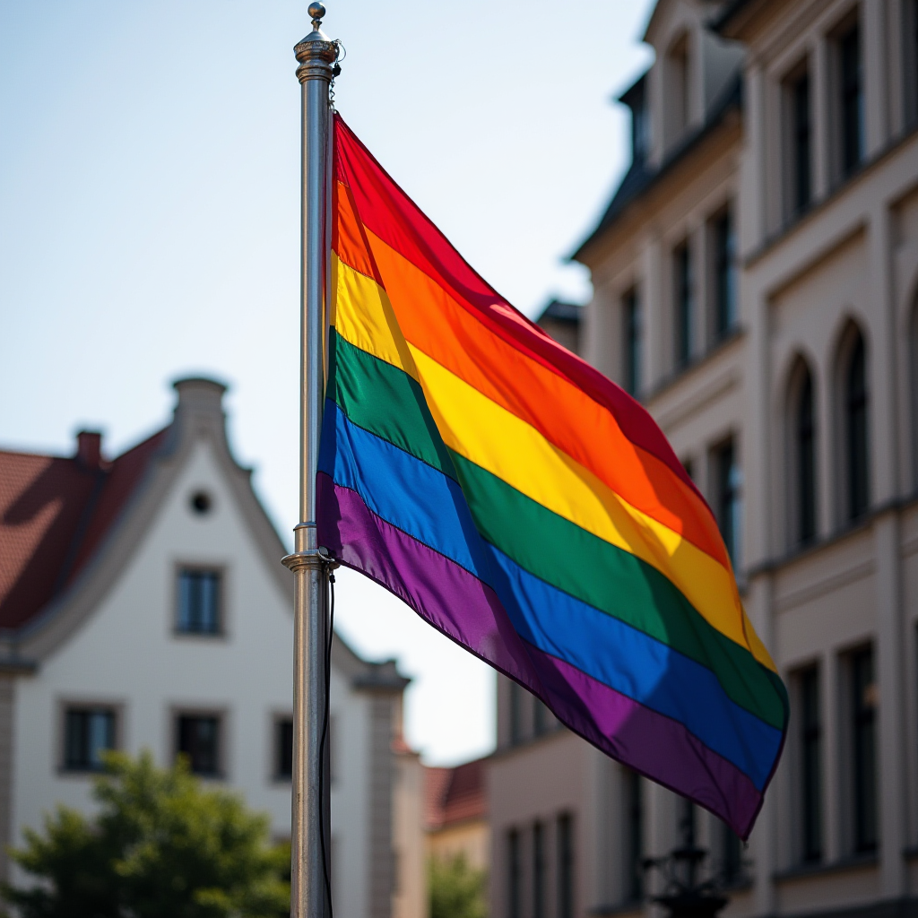 A vibrant rainbow flag waves proudly in front of urban buildings.