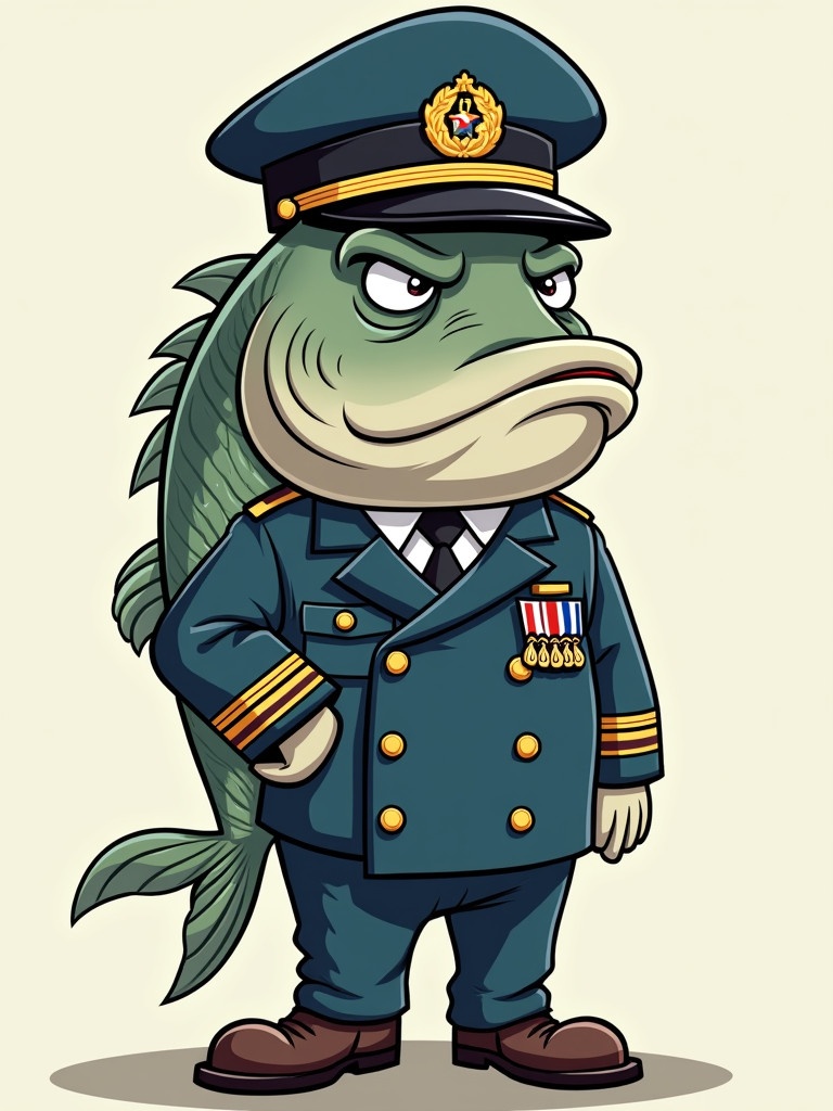 Fish character in military uniform. The character has an old serious face. The fish is anthropomorphic with a military coat and hat. Displays badges and medals.