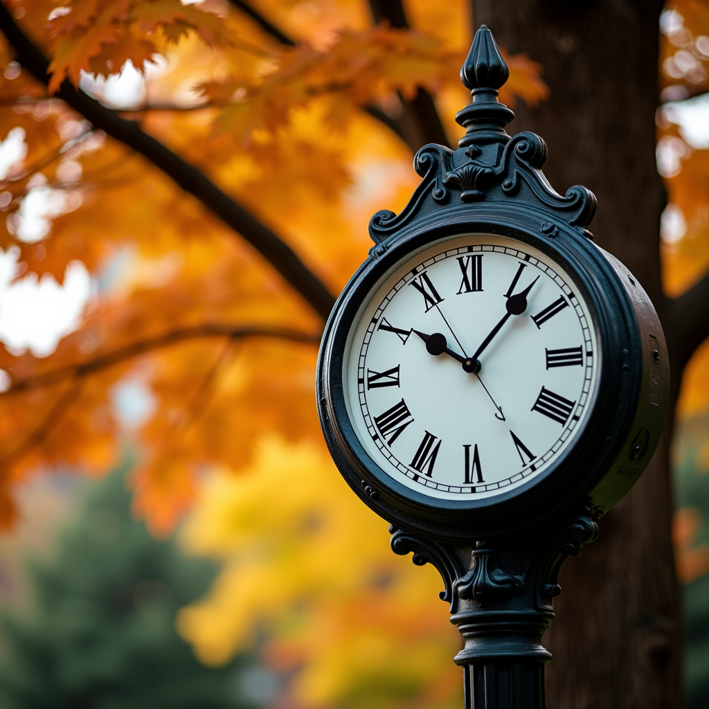 A vintage clock stands against a backdrop of vibrant autumn leaves.