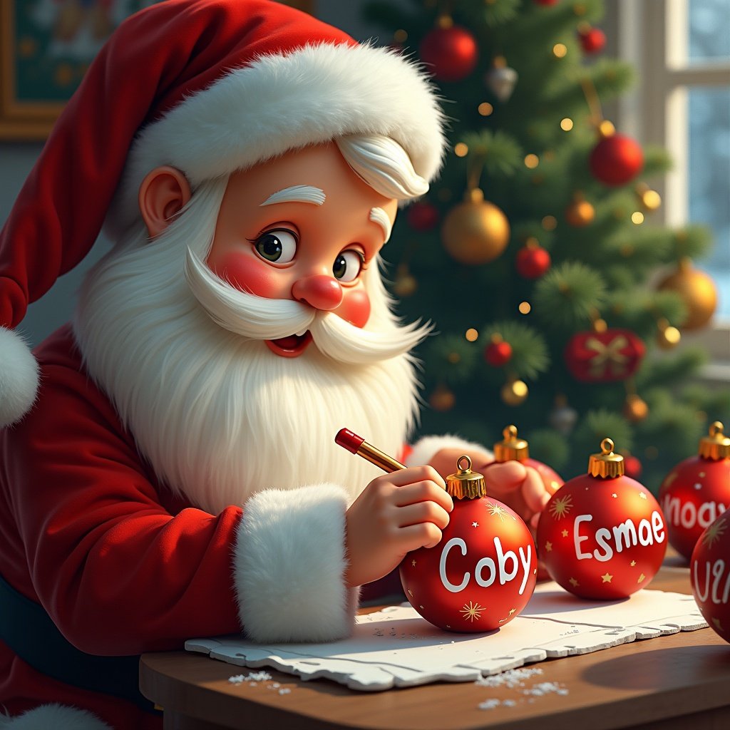 Father Christmas is happily preparing for the festive season, sitting at a cozy table. He is drawing the names ‘Noah,’ ‘Coby,’ and ‘Esmae’ on colorful Christmas baubles. The environment is filled with decorations, including a beautifully adorned Christmas tree in the background. His cheerful demeanor and bright red outfit evoke the spirit of giving. The scene captures the essence of holiday joy and excitement for children waiting for Christmas. Warm lighting adds to the inviting atmosphere, making it a perfect illustration of holiday traditions.