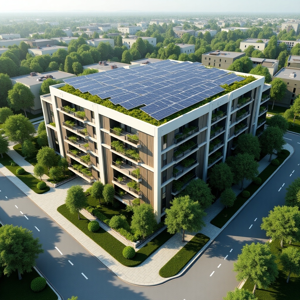 Building features solar panels on the roof. Surrounding landscape includes greenery and trees. Streets run around the building. Contemporary design aligns with sustainability.