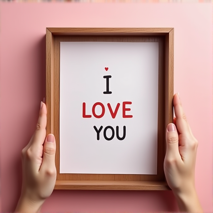 A framed message with 'I LOVE YOU' held by two hands on a pink background.