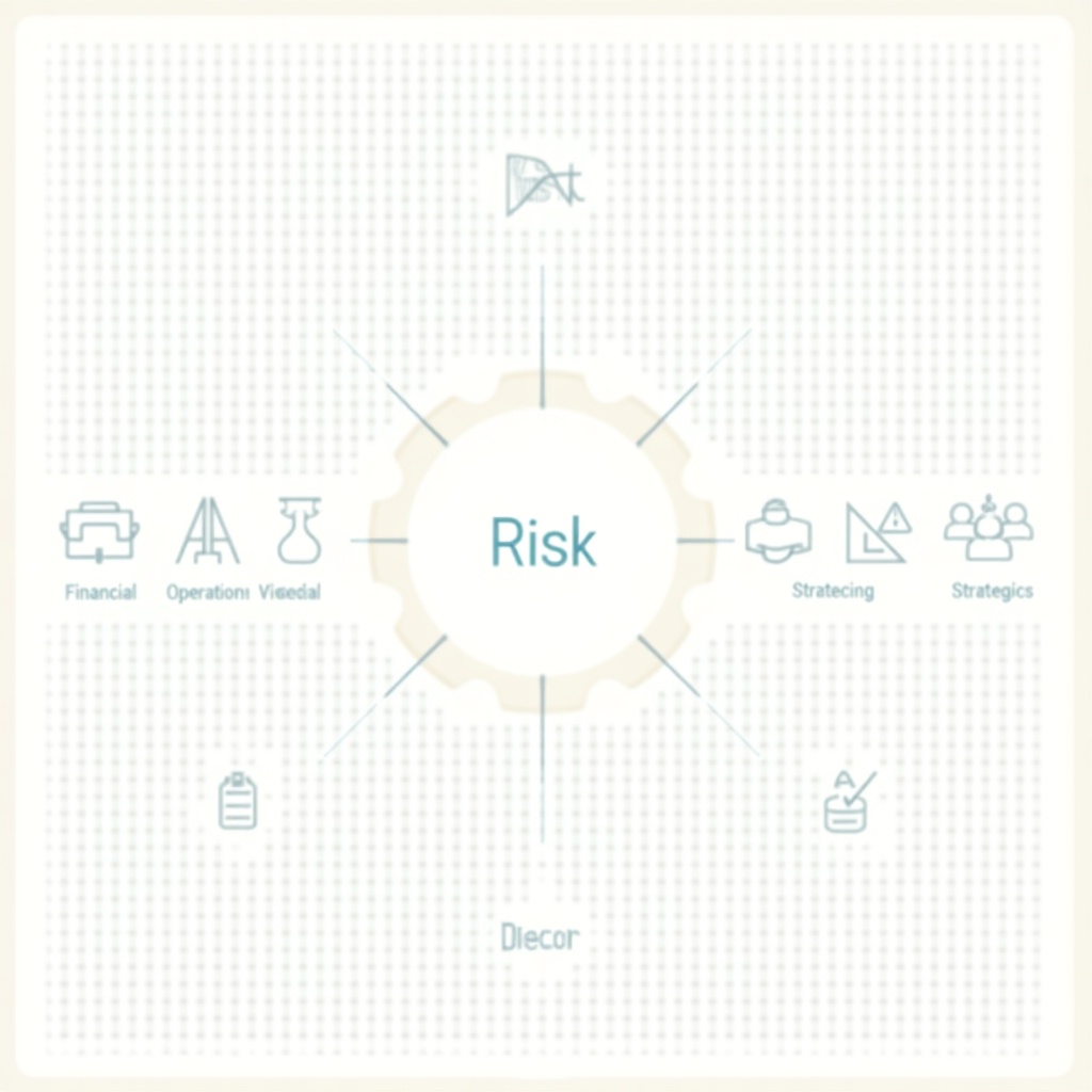 This image illustrates the concept of risk assessment in a professional context. At the center, the word 'Risk' emphasizes its importance. Surrounding it are various aspects of risk such as financial, operational, strategic, and managerial. The design uses a clean, minimalist layout to convey clarity. Soft colors create a professional feel, suitable for corporate environments.