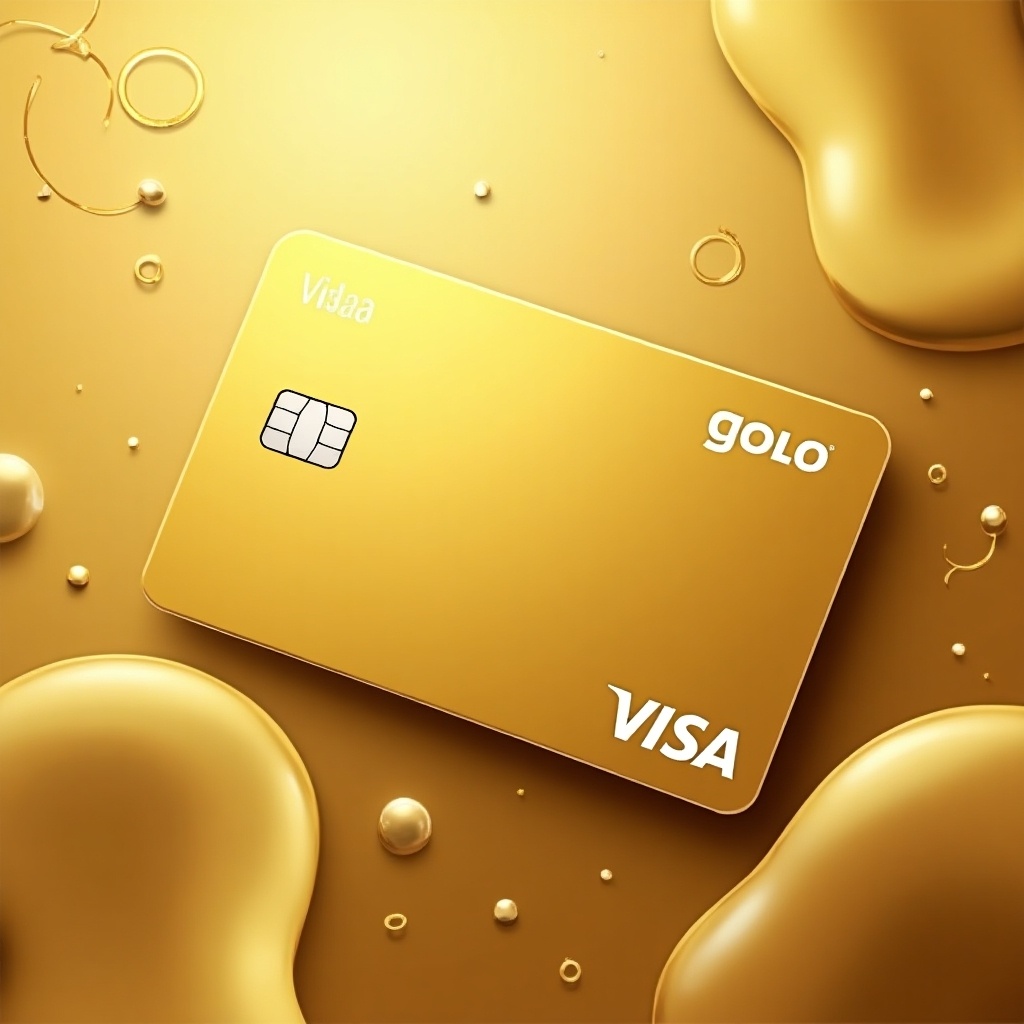 This image features a gold Visa credit card set against a luxurious golden backdrop. The card is designed to convey premium quality, perfect for financial institutions. Soft, shiny textures create an attractive visual appeal. It’s ideal for use as a background in marketing materials. The overall theme centers around luxury and financial prestige.