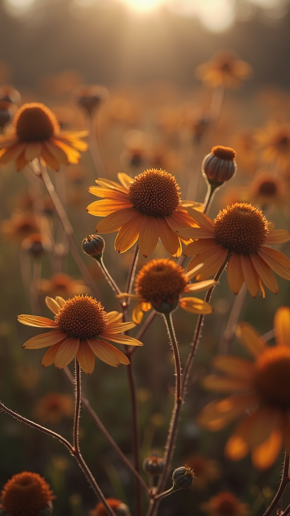 A field of orange daisy-like flowers bathed in warm sunlight.