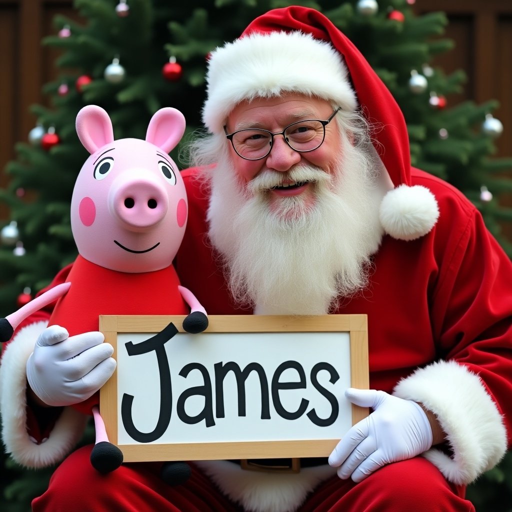 The image features a jolly Santa Claus posing with a Peppa Pig plush toy. Santa is wearing his traditional red outfit, complete with a white fur trim and glasses. He is holding a sign that reads ‘James’, adding a personal touch to the festive scene. Behind them, there are Christmas trees adorned with ornaments, enhancing the holiday spirit. The overall atmosphere is cheerful and inviting, perfect for family-friendly celebrations.