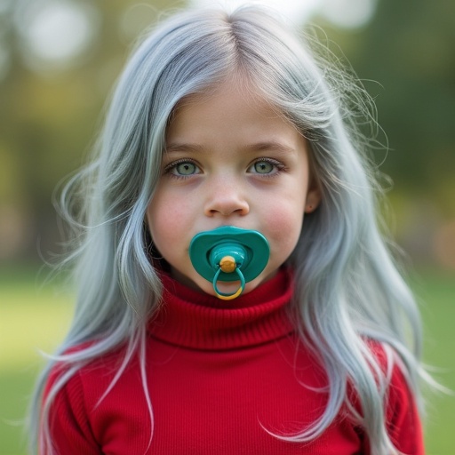 Ten year old girl with long silvery blue hair and emerald green eyes wearing a red long sleeve ribbed top at a park. She has a pacifier in mouth. She appears playful and engaging with friends.