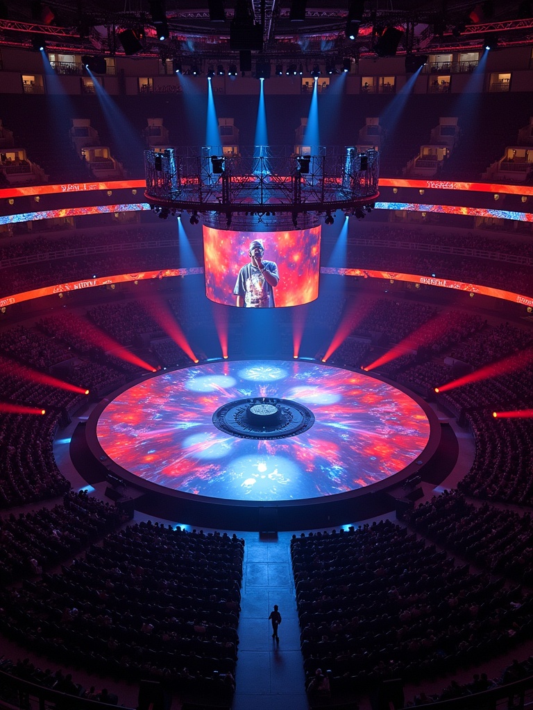 Travis Scott performs at Madison Square Garden. A 360 concert stage is in view from above. The audience is amazed. Colorful lights illuminate the atmosphere. The stage design is innovative. The artist engages with the crowd.