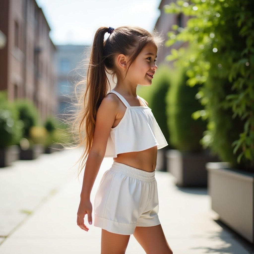 The image features a young girl standing outdoors in an urban area. She has long, flowing hair tied into a ponytail. Wearing a white two-piece outfit, she is turning slightly as she smiles softly. The background includes modern buildings and lush greenery, creating a relaxed and summery atmosphere. The lighting is bright and cheerful, highlighting her joyful expression. The overall feel of the image is light-hearted and vibrant.