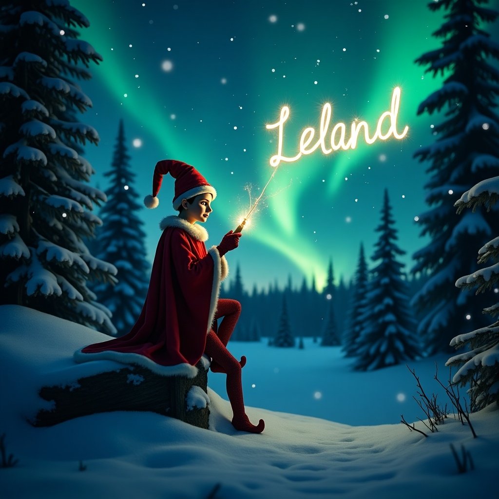 Elf in snowy forest at North Pole. Writing name Leland in stars using glowstick wand. Show northern lights above.