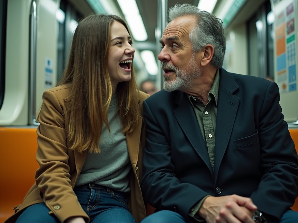 a young woman and an older man laughing together on a subway