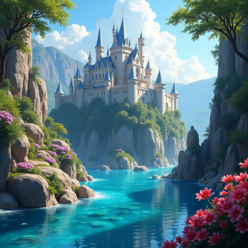 A kingdom filled with crystals and a stunning castle. Vibrant exotic flowers bloom along the river. The water is clear blue and flows gently.