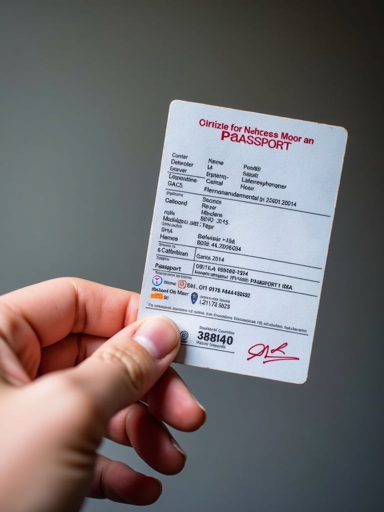 Passport ID card shown in a hand. Card contains various personal details for identification purposes.