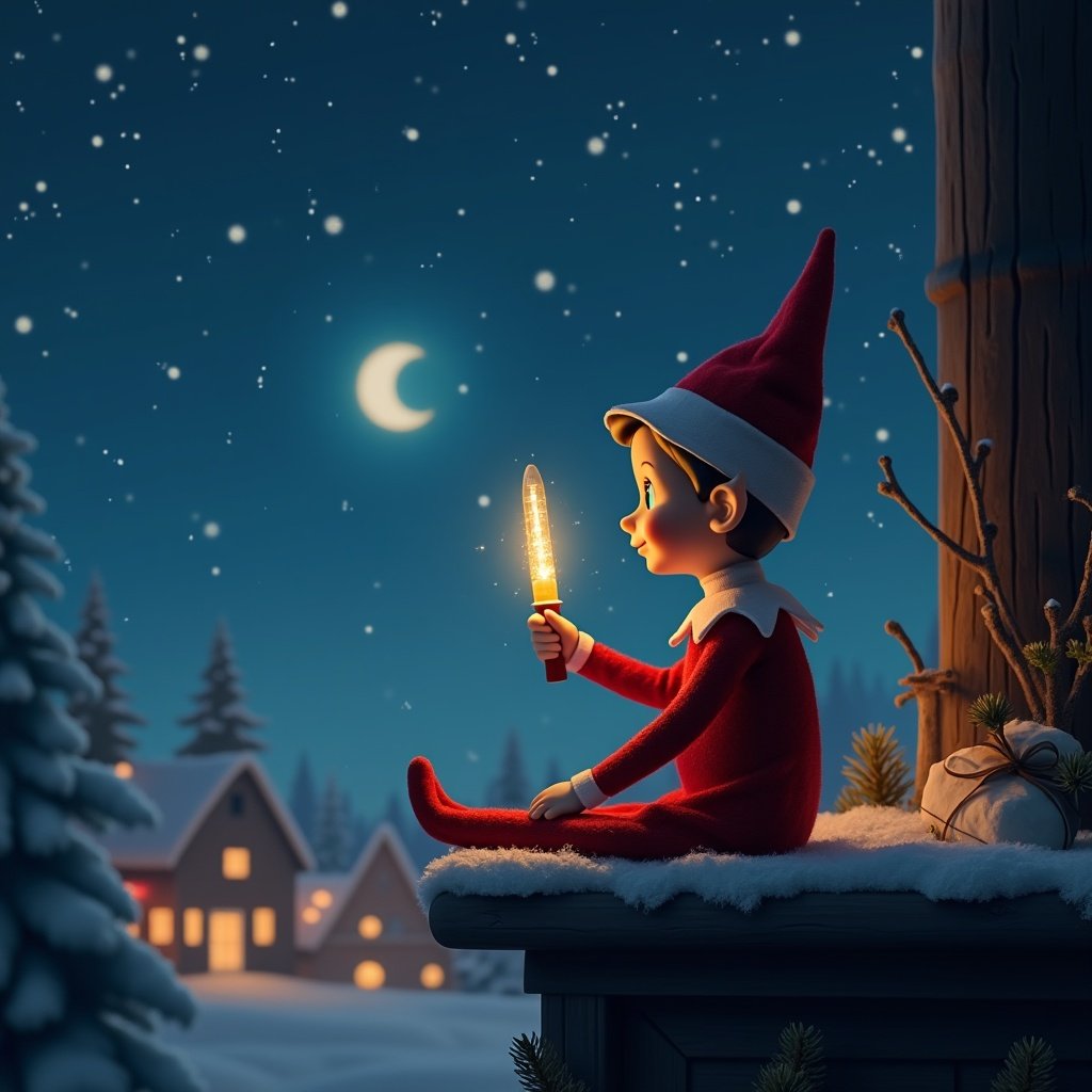 A boy elf on the shelf writes Christian in the sky using a glow stick. Snowy landscape visible with houses and trees. Moonlight reflects a festive mood.