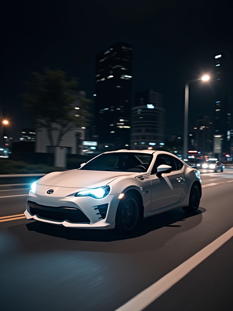 Sleek white car driving on a city street at night. Glowing headlights illuminate the road. Tall buildings in the background create a vibrant cityscape.