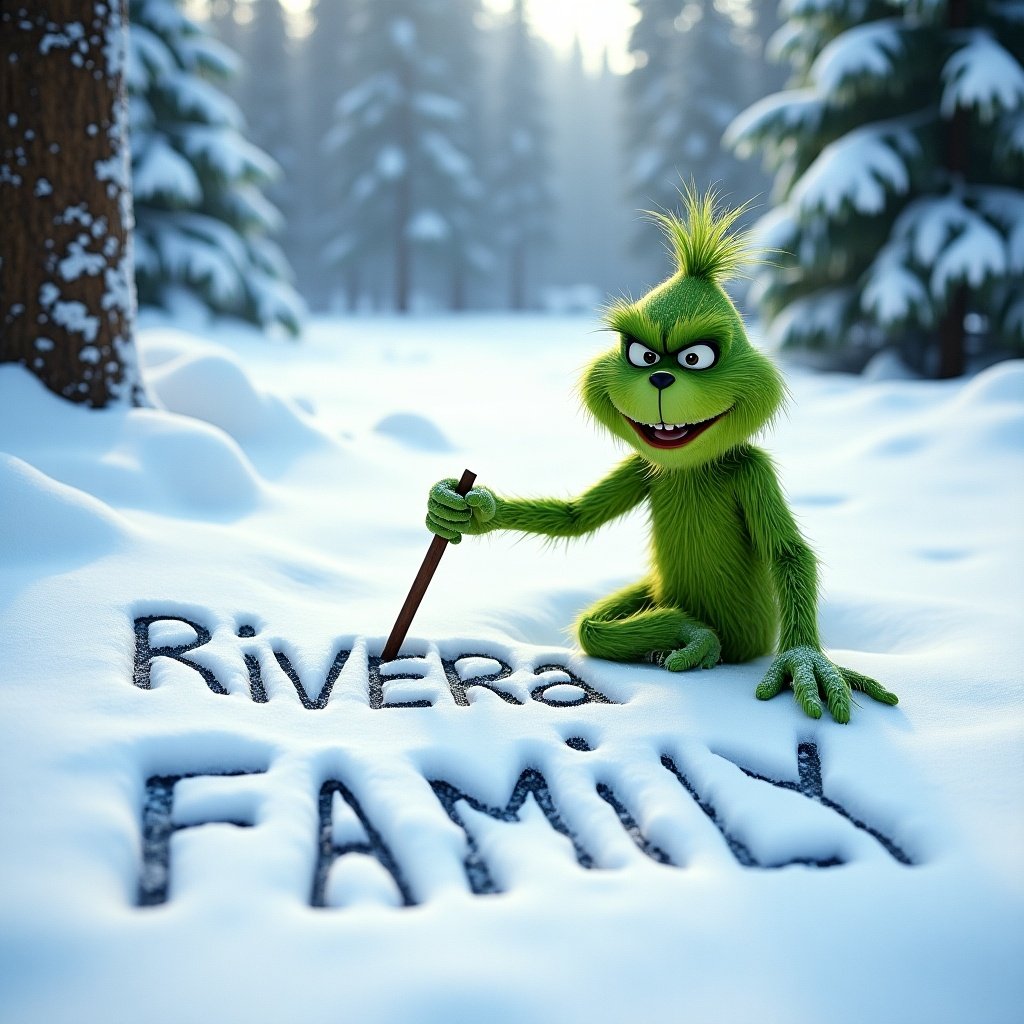 Grinch character writes in snow. Words Rivera Family in smooth letters. Surrounded by snowy trees and winter landscape. Green character adds playful charm.