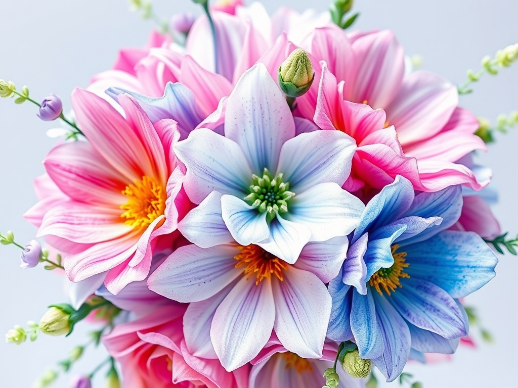 A vibrant bouquet of artificial flowers with pink, blue, and white blossoms in close-up view.