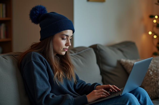 A person in a blue beanie is sitting on a couch using a laptop, with a relaxed and focused expression.