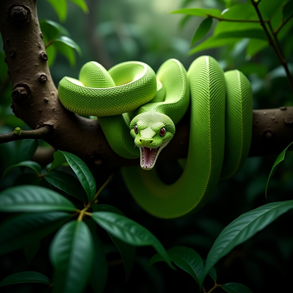 Vibrant green snake coiled around a branch. Snake has fierce expression with open mouth and visible fangs. Surrounded by green leaves in a jungle atmosphere. Composition shows vitality and hint of danger. Lighting enhances textures of snake's scales and leaves.