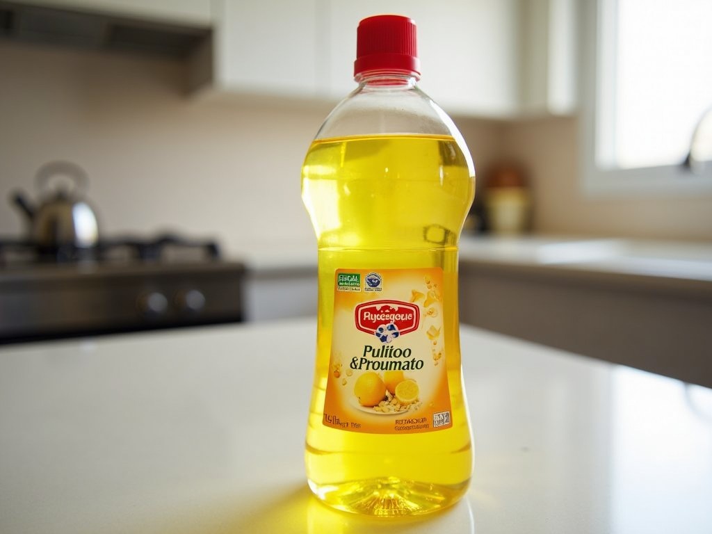 Photograph of a yellow liquid cleaning product bottle on a kitchen counter with blurred background.