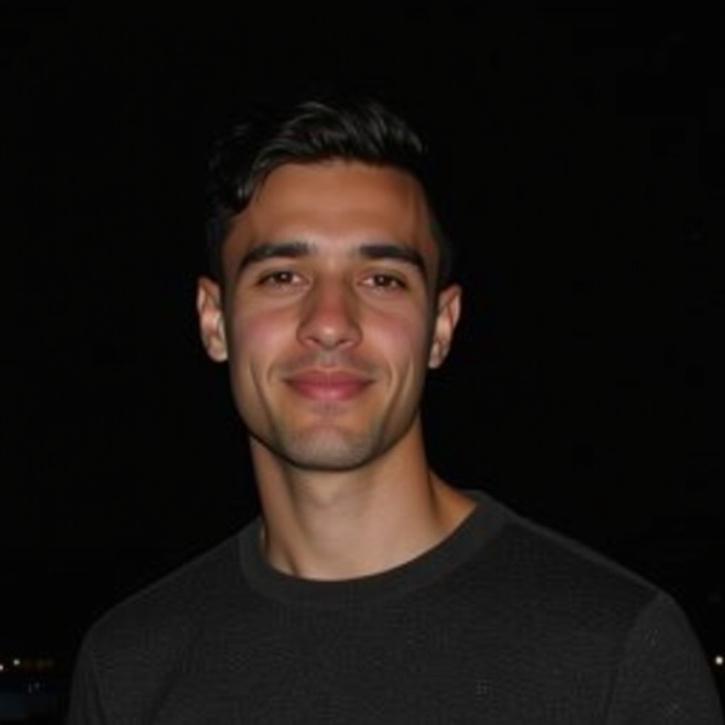 A young man poses with a thoughtful look. The background is dark which emphasizes his expression.