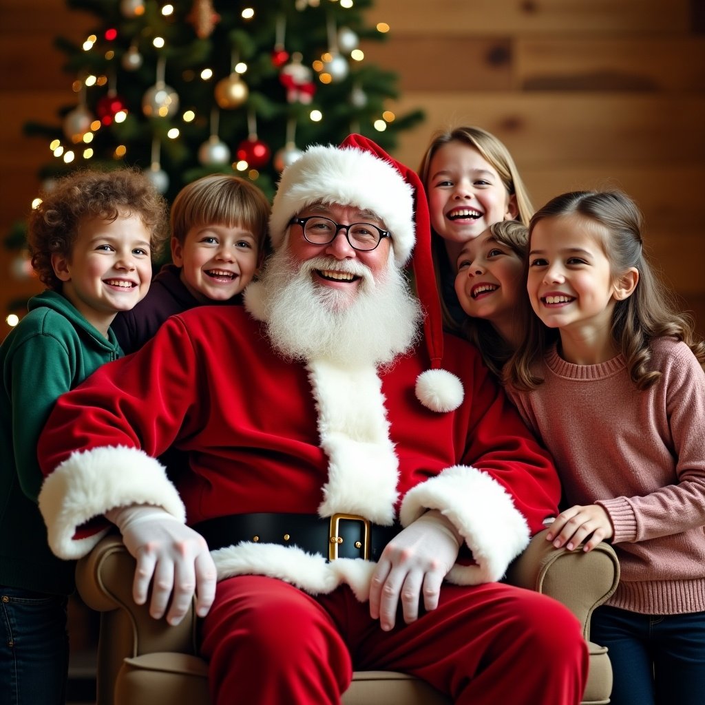 Image shows Santa Claus in a red suit with white fur trim seated in a cozy setting. Surrounding by cheerful children expressing happiness. Gifts in hand, with a decorated Christmas tree in the background. The scene is festive and warm.