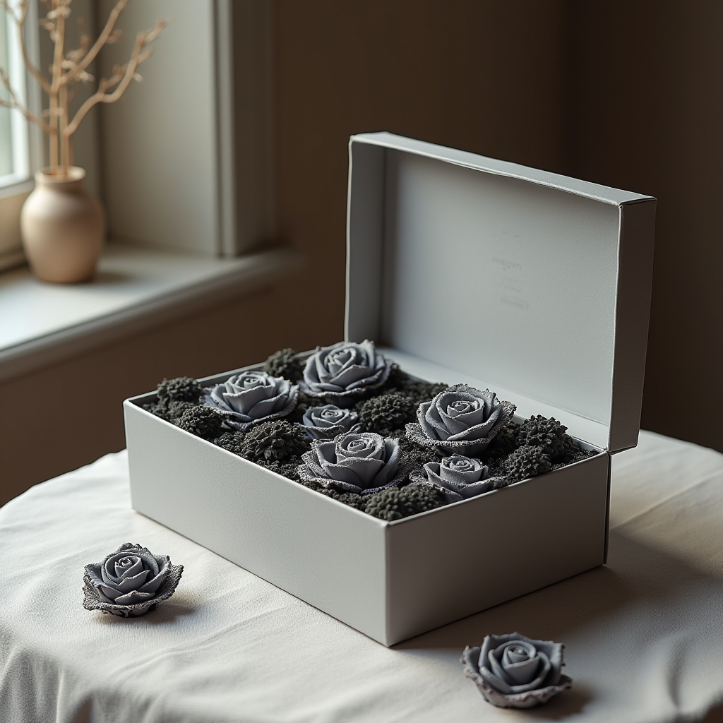 Six gray roses arranged in an open box on a table by a window, exuding a minimalistic elegance.